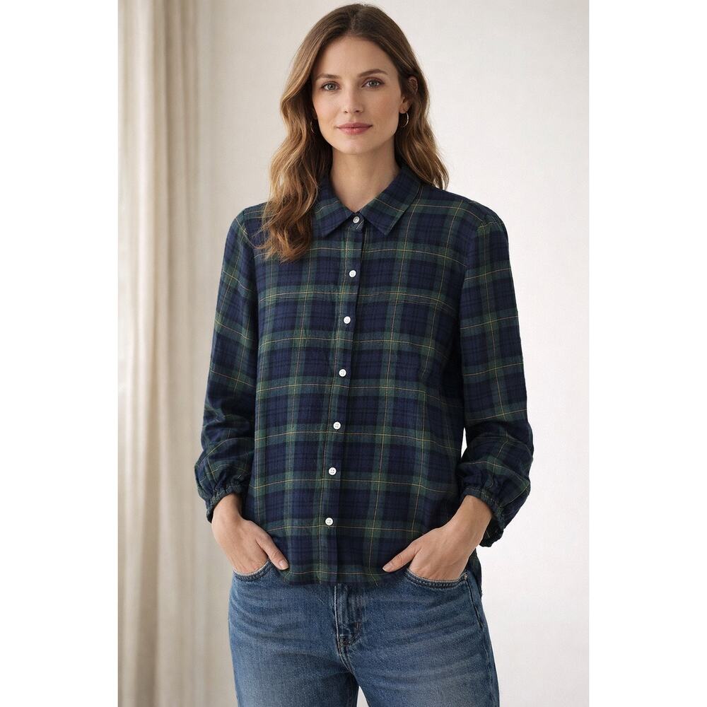 Trovata Birds Of Paradis Womens Blue Green Plaid Flannel Button Up Front Top‎ XS